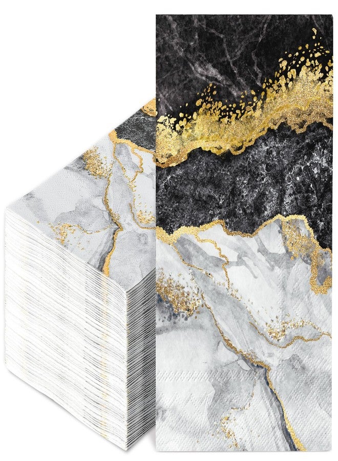 JarThenaAMCS مناديل ضيوف رخامية من JarThenaAMCS، 100 قطعة، باللونين الأسود والذهبي، للاستخدام مرة واحدة، مناديل ورقية مزخرفة، مثالية للحمام، وحفلات الزفاف، وأعياد الميلاد، وحفلات توديع العزوبية، وديكورات الطاولات. - Image 1
